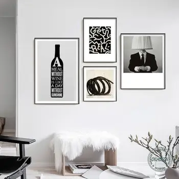 Sort Vin Flaske Abstrakte Cirkel Brev Lærred Oplag Lampeskærm Mand Plakat Moderne Vintage Dekorative Billeder til Rummet