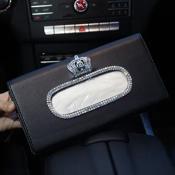 Mode Crown Crystal Bil Tissue Box Solskærm Læder Auto Væv Bag Solskærmen Hængende Indehaveren Tilfælde Serviet Til Bil Tilbehør