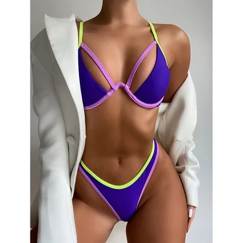 Kontrast Farve Bøjle Push Up Bikini Nye Design Brazilian Bikini Badedragt 2021 Flerfarvet Mosaik Badetøj Til Kvinder