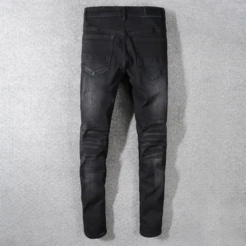 Nye mænd mandlige bukser street fashion, afslappet foråret sort-grå jeans knæ-hul læder patch strække slank-montering denim bukser