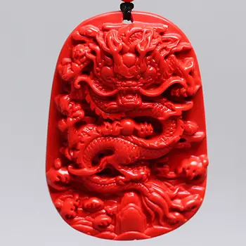 Mode Naturlige hånd-udskåret røde cinnober lucky dragon halskæde Gratis fragt