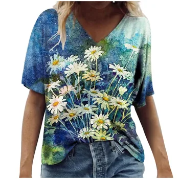 Afslappet Sommer t-shirts Kvinders Mode Afslappet Plus Size Naturskønne Blomster Print Rund Hals T-Shirt, Toppe Gratis fragt 2021