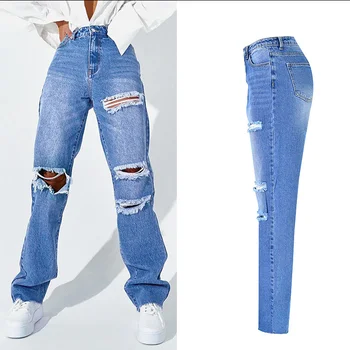 Women High Waist Straight Loose Cotton Ripped Denim Jeans For Tall Girl