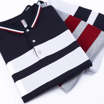Slim Polo Shirt I Åndbar Kortærmet 2021 Nye Mænd Fashion Business Casual Plus Size Polo Shirt Stribet Mænd Kort Ærme